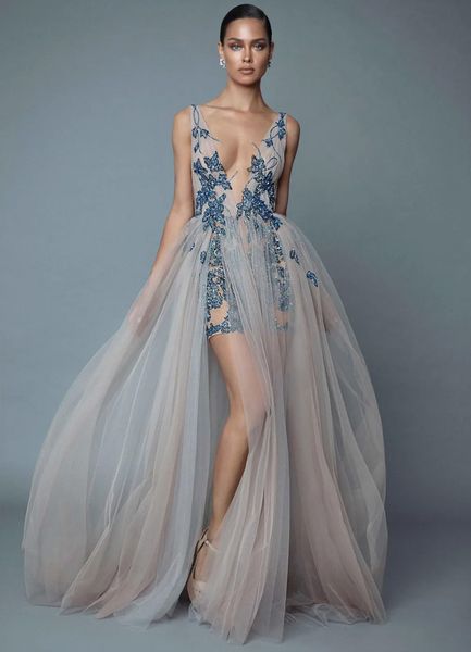 new evening dresses formal prom party gown a line v-neck floor-length sweep train applique crystal sequins tulle long backless split, Black
new evening dresses formal prom party gown a line v-neck floor-length sweep train applique crystal sequins tulle long backless split, Black