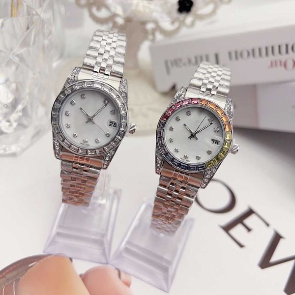 

colour 14 high women white diamond inlaid wristwatches face big date quartz automatic watch waterproof stainless steel womens watches, Slivery;brown