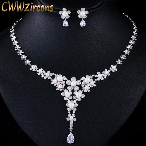 necklace cwwzircons elegant cz zirconia crystal flower drop necklace pearl jewelry sets for wedding party women costume accessories t360, Silver
necklace cwwzircons elegant cz zirconia crystal flower drop necklace pearl jewelry sets for wedding party women costume accessories t360, Silver