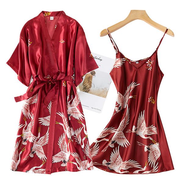 women's sleepwear burgundy women 2pcs faux silk kimono robe gown sets print crane nightdress bathrobe lingerie nightgown summer 230520, Black;red
women's sleepwear burgundy women 2pcs faux silk kimono robe gown sets print crane nightdress bathrobe lingerie nightgown summer 230520, Black;red