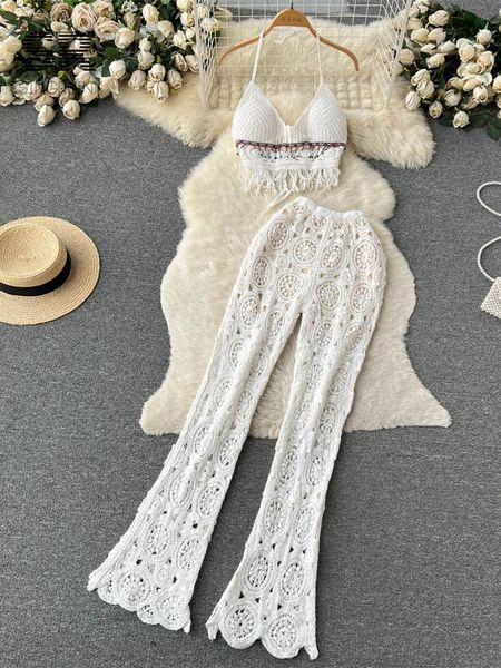 pants singreiny summer two piece sets women backless hook hollow out tassel camisole elastic waist long pants knit beach style suits, White
pants singreiny summer two piece sets women backless hook hollow out tassel camisole elastic waist long pants knit beach style suits, White