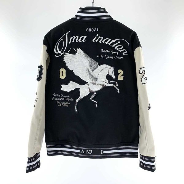 splicing leather tenma embroidered street clothing coat baseball, Black;brown 
splicing leather tenma embroidered street clothing coat baseball, Black;brown