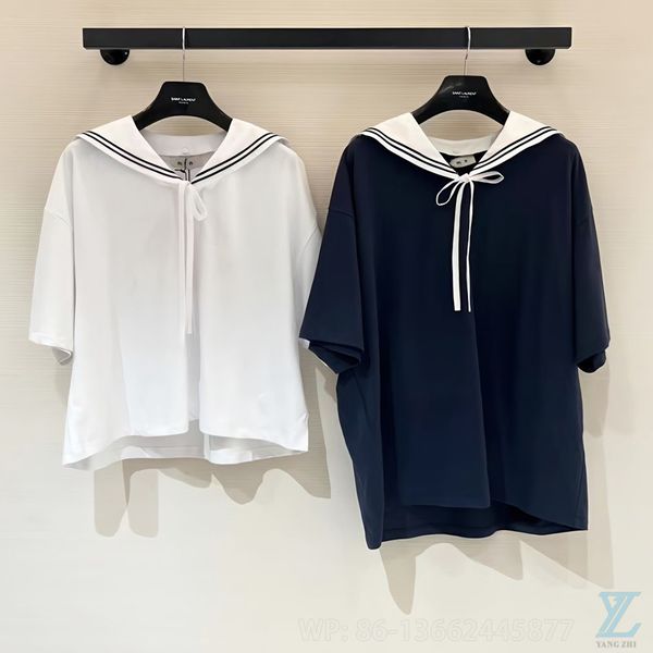 2023 summer navy collar contrast lace up letter embroidery loose cotton short sleeve t-shirt women, Black
2023 summer navy collar contrast lace up letter embroidery loose cotton short sleeve t-shirt women, Black