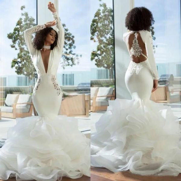 luxury ruffles mermaid wedding dresses long sleeves lace appliques hollow backless tiered bridal gowns satin organza ivory robe de mariee, White
luxury ruffles mermaid wedding dresses long sleeves lace appliques hollow backless tiered bridal gowns satin organza ivory robe de mariee, White