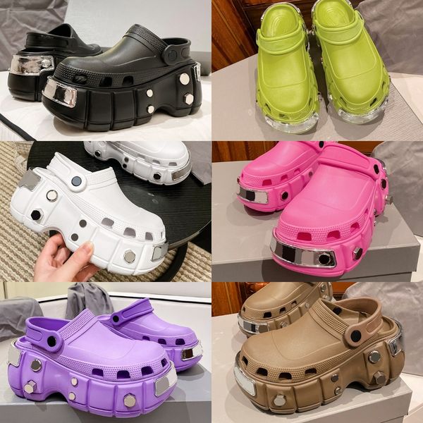 women hard mule designer sandal rubber platform sandals perforated metal decoration arch slides with box, Black
women hard mule designer sandal rubber platform sandals perforated metal decoration arch slides with box, Black