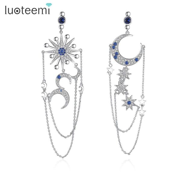 knot luoteemi asymmetrical authentic crescent half moon and star dazzling blue cz tassel chain drop earrings for women wedding bridal, Silver
knot luoteemi asymmetrical authentic crescent half moon and star dazzling blue cz tassel chain drop earrings for women wedding bridal, Silver