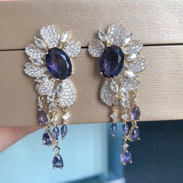 huggie bilincolor fashion purple flower tassel earring for women, Golden;silver 
huggie bilincolor fashion purple flower tassel earring for women, Golden;silver