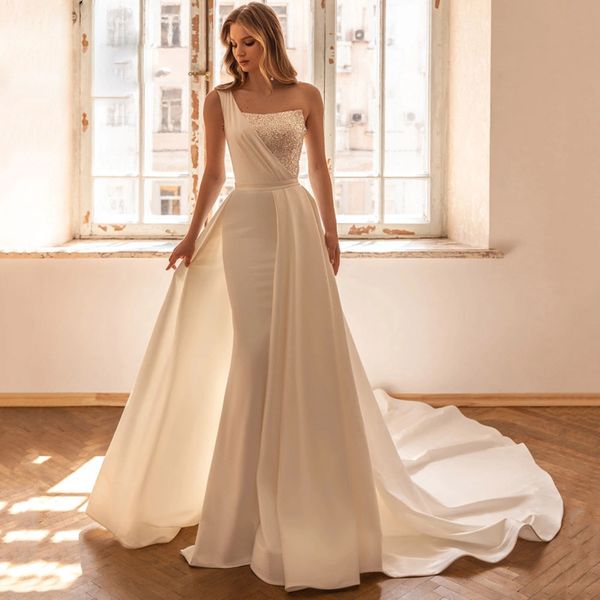 unique one shoulder mermaid wedding gown detachable train bridal gown sleeveless sequin neck vestidos de novia, White
unique one shoulder mermaid wedding gown detachable train bridal gown sleeveless sequin neck vestidos de novia, White