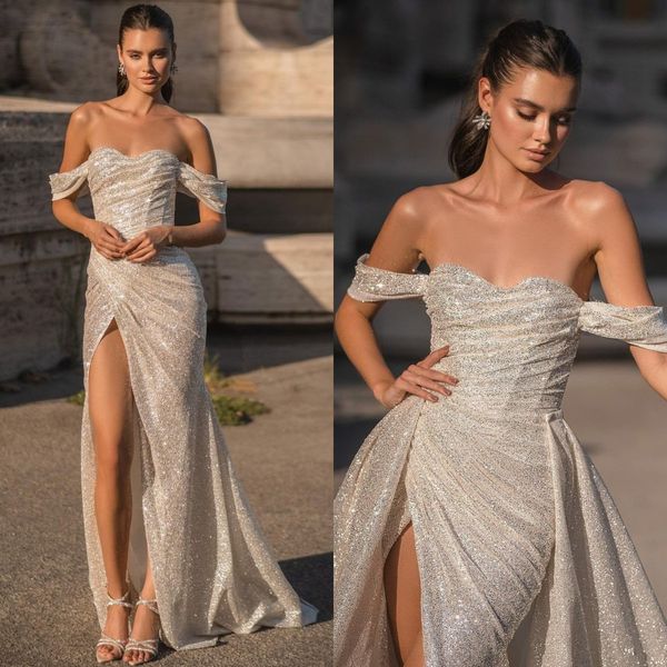 berta off shoulder sheath wedding dresses for bride glitter sequins wedding dress with detachable skirt thigh slit robe de mariee bridal gow, White
berta off shoulder sheath wedding dresses for bride glitter sequins wedding dress with detachable skirt thigh slit robe de mariee bridal gow, White