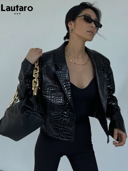 women s jackets lautaro spring autumn short cool stylish shiny reflective print patent pu leather jacket women runway fashion 2023 230522, Black;brown
