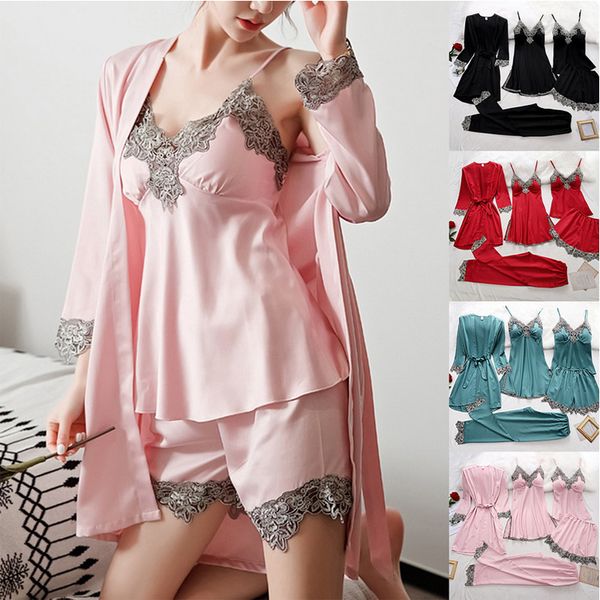 women's sleepwear womens 5pcs silk robe sleep suit lace satin pajamas gown set vneck cami nighties wear pijama home nightwear spring 23, Black;red
women's sleepwear womens 5pcs silk robe sleep suit lace satin pajamas gown set vneck cami nighties wear pijama home nightwear spring 23, Black;red