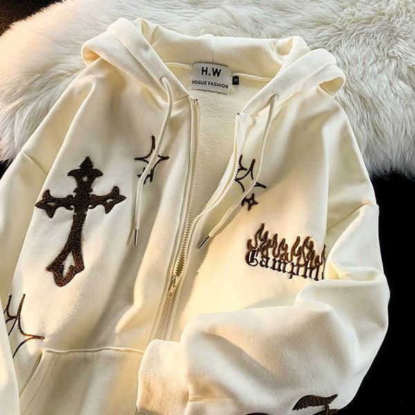 

Women Mens Embroidery Hoddie Sweatshirts Hoodies Fashion Gothic Retro Harajuku Hip Hop Jacket High Street Zip Up Hoodie Casual Loose Sweatshirt Clothes, Brown