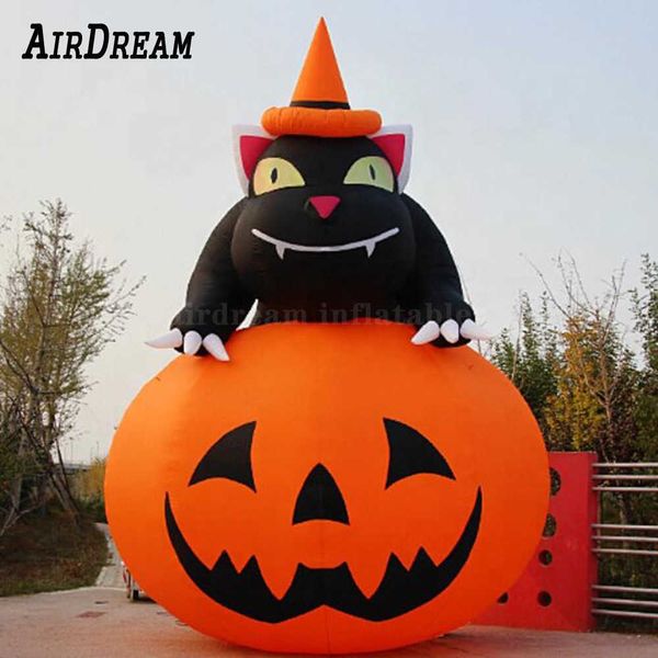 Image of Scary Giant Inflatable Pumpkin and Black Cat Balloon Lighting Inflated Halloween Pumpkin Decoration for Party