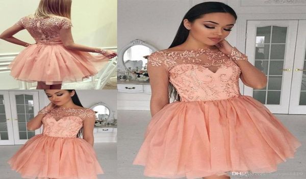 

short mini a line peach homecoming dresses crew neck lace applique illusion long sleeves tiered for junior cocktail party prom gow5469571, Blue;pink