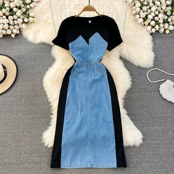 summer vintage hong kong style dress round neck short sleeve contrast slim fit mid length denim panel a-line dress, Black;gray
summer vintage hong kong style dress round neck short sleeve contrast slim fit mid length denim panel a-line dress, Black;gray