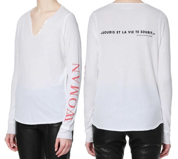 zadig voltaire new women designer t shirt fashion printed english v-neck cut burnt button cotton long sleeve tees, White
zadig voltaire new women designer t shirt fashion printed english v-neck cut burnt button cotton long sleeve tees, White