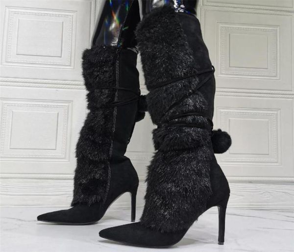 boots ladies 2022 shoes black suede fur ball knee high women stiletto heel pointed toe metal lace up side zip4286435