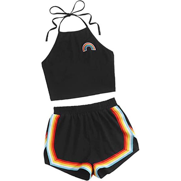 women's t-shirt set fashion sweaties tees clothes women's 2 piece set halter crop and shorts set panelled women's, White
women's t-shirt set fashion sweaties tees clothes women's 2 piece set halter crop and shorts set panelled women's, White