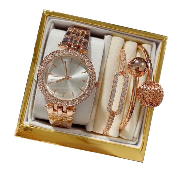luxury 3 sets womens watches bracelets brand rose gold wristwatches lady designer diamond watch for women christmas birthday gifts with gift