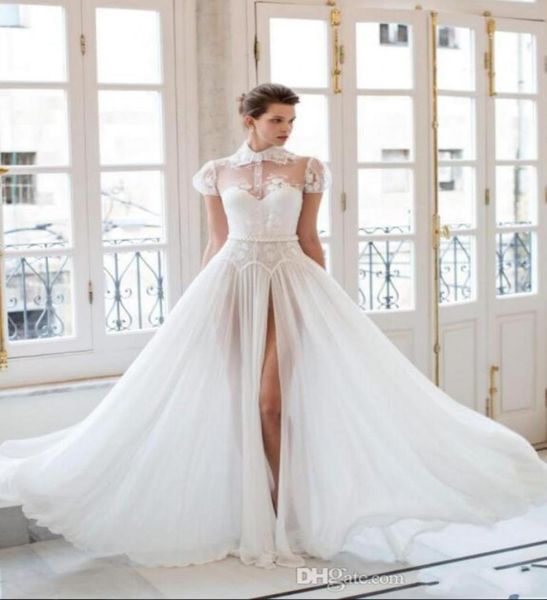 2019 new classic riki dalal wedding dresses high split with high neck and short sleeves appliques chiffon with soft lining bridal 1342053, White
2019 new classic riki dalal wedding dresses high split with high neck and short sleeves appliques chiffon with soft lining bridal 1342053, White