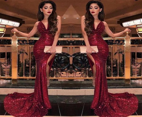 2019 burgundy v neck sequin mermaid prom dresses split high slits vestidos de fiesta sweep train formal long evening party prom go9736758, Black
2019 burgundy v neck sequin mermaid prom dresses split high slits vestidos de fiesta sweep train formal long evening party prom go9736758, Black