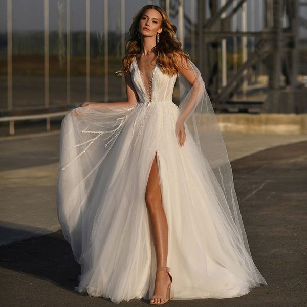tulle a line sequined wedding dress 2023 v neck spaghetti straps lace up back high split robe de mariee, White
tulle a line sequined wedding dress 2023 v neck spaghetti straps lace up back high split robe de mariee, White