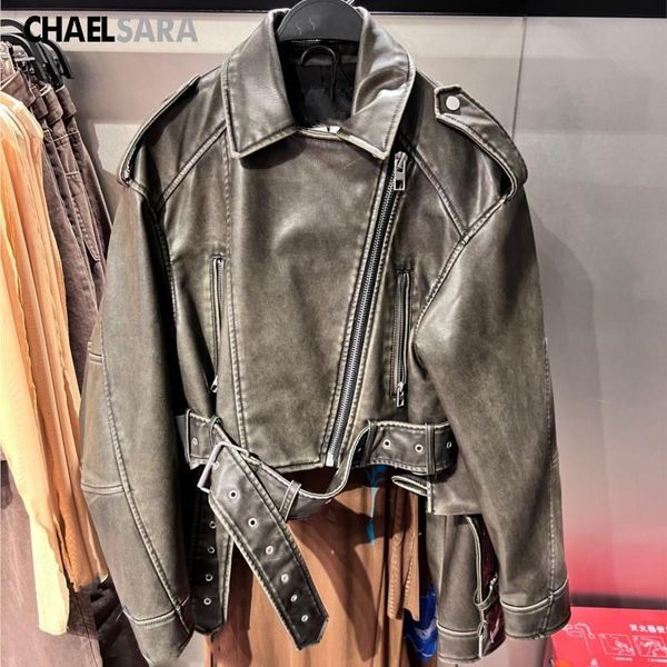 women s jacket leather jacket 2023 lapel belt long sleeve zipper pockets lady short coat femmle fashion motorcycle 230522, Black;brown
women s jacket leather jacket 2023 lapel belt long sleeve zipper pockets lady short coat femmle fashion motorcycle 230522, Black;brown