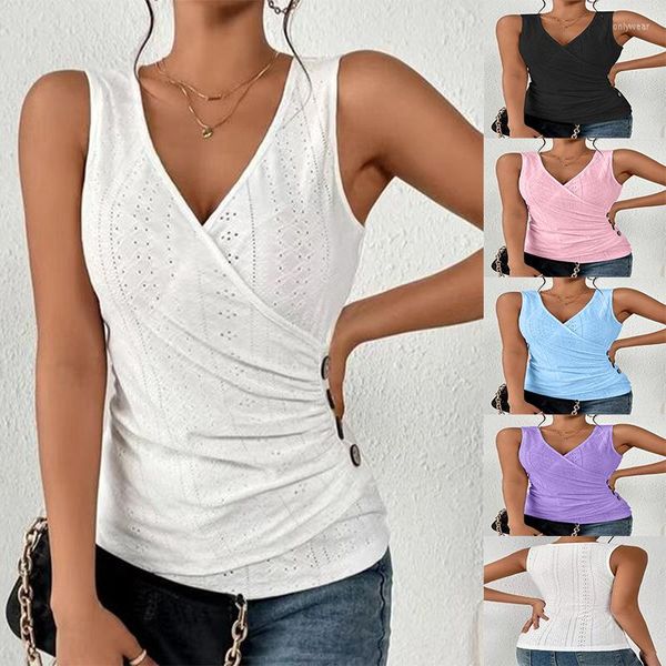 

Women' T Shirts Fashion Summer Solid Color Sleeveless Shirt Slim Style V-neck Casual Buttons Vintage Vest Pullover Tank, Black