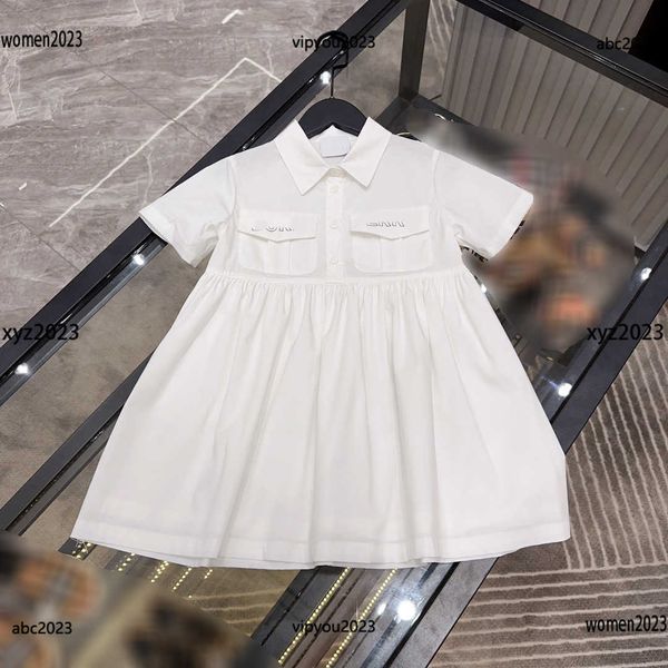 luxury kids designer clothes double pocket decoration girl dress single breasted collar skirt summer product, Red;yellow