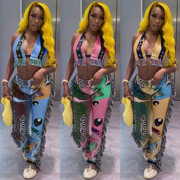 women s two piece pants echoine casual streetwear 2 set cartoon latter print halter bra tassel hight waist matching party club outfits 23052, White 
women s two piece pants echoine casual streetwear 2 set cartoon latter print halter bra tassel hight waist matching party club outfits 23052, White