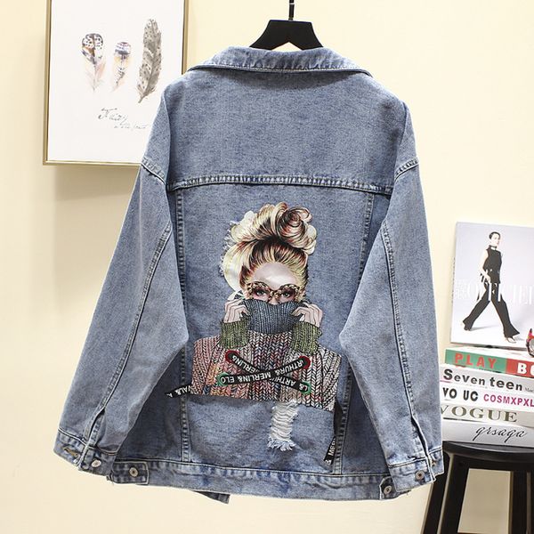 

Women Denim designer Jacket Fashion Streetwear Letter Stylish 2023Chic Printed Ripped Holes Jean Patchwork BF Style Jeans Female Coat, The light blue