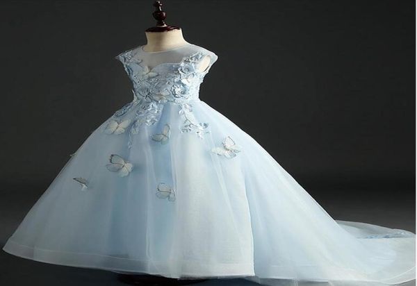long trailing blue tulle girl pageant ball gown floral flower girl dress for wedding kids party princess first communion gowns6267320, White;blue 
long trailing blue tulle girl pageant ball gown floral flower girl dress for wedding kids party princess first communion gowns6267320, White;blue