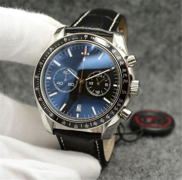 high grade 44mm quartz chronograph mens watches red hands stainless steel bracelet fixed bezel with a ring showing tachymeter markings, Slivery;brown