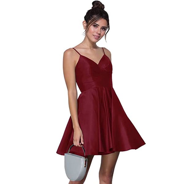 2023 new thin strap satin party dress short v-neck short pleated formal prom dress with pocket, Black 
2023 new thin strap satin party dress short v-neck short pleated formal prom dress with pocket, Black