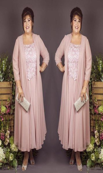 2 piece ankle length mother of the bride dresses suits with long jacket plus size chiffon lace wedding guest dress groom mother pa8056452, Black;red