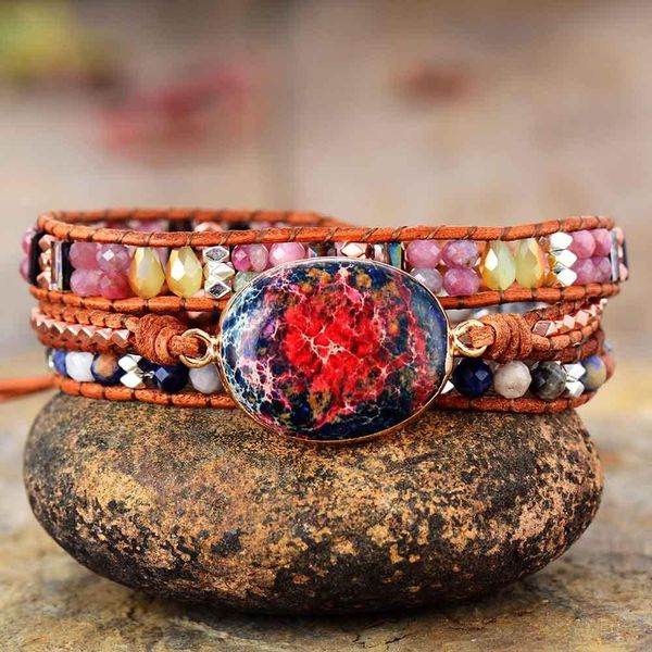 bangle leather wrap bracelet w/ natural stone pink tourmaline jaspers beaded triple statement art bracelet christmas jewelry gifts, Black
bangle leather wrap bracelet w/ natural stone pink tourmaline jaspers beaded triple statement art bracelet christmas jewelry gifts, Black