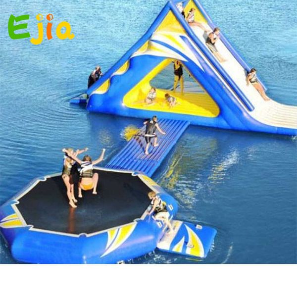 Image of Commercial Play Challenge Game Inflatables Water Pool Bounce Slide Inflatable Water Park Sport Games Floating Slide For Sale