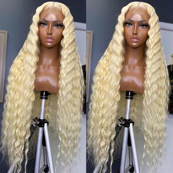 

40inches long 613 lace frontal wig deep wave 13x4 blonde lace front wig human hair pre plucked hd lace curly wig synthetic, Black
