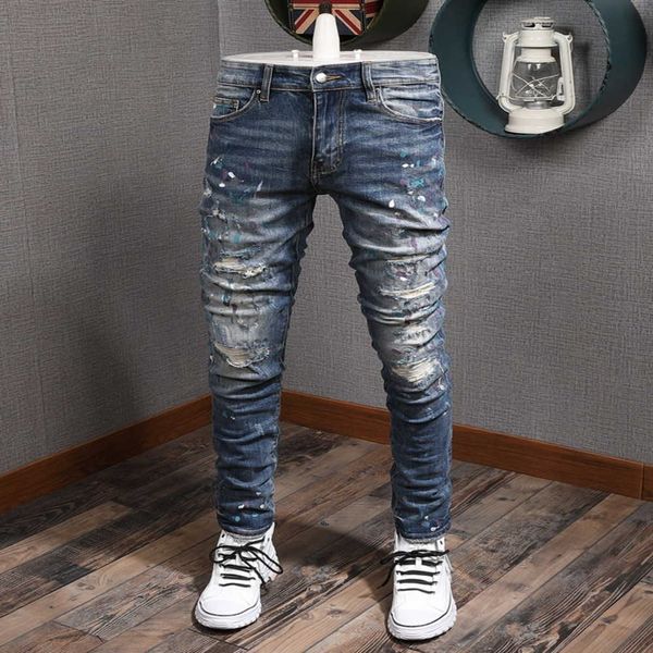 stretch design denim jeans biker fit for mens slim painted patch trim leg cowboy pants male, Blue
stretch design denim jeans biker fit for mens slim painted patch trim leg cowboy pants male, Blue