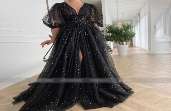 2020 black starry tulle evening dresses sparkly vneck half puff sleeves front slit ruched party dresses slits long aline prom go9262621, Black;red
2020 black starry tulle evening dresses sparkly vneck half puff sleeves front slit ruched party dresses slits long aline prom go9262621, Black;red