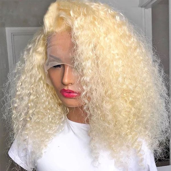 

Brazilian Deep Curly 613 Blonde Wig 13x4 HD Transparent Lace Blonde Human Hair Lace Frontal Wigs for Women Synthetic Cosplay, 613 color like picture show