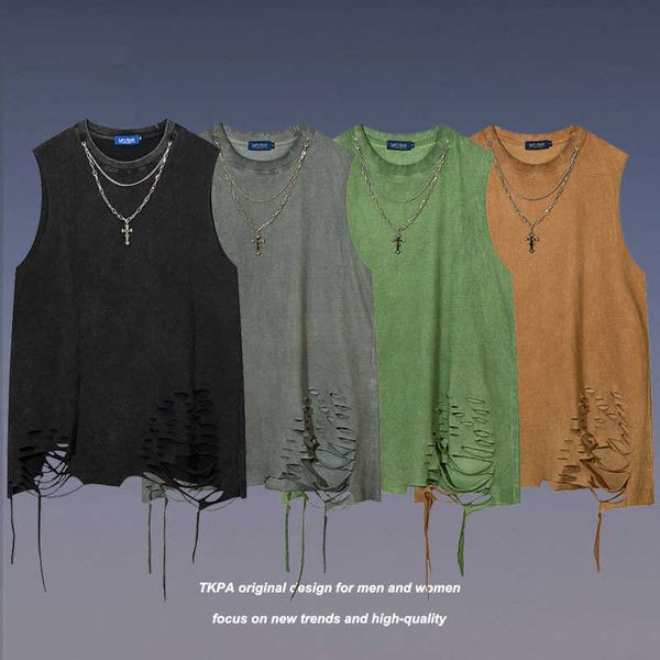 tkpa american high street wash fashion brand sweetheart tank men's t-shirt with broken holes at the and layered bottom, White;black
tkpa american high street wash fashion brand sweetheart tank men's t-shirt with broken holes at the and layered bottom, White;black