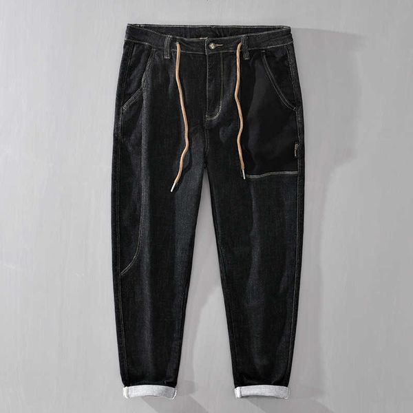 spring and autumn work cloth patch jeans for men's slim fit lace up tapered casual color matching pants for men, Blue
spring and autumn work cloth patch jeans for men's slim fit lace up tapered casual color matching pants for men, Blue