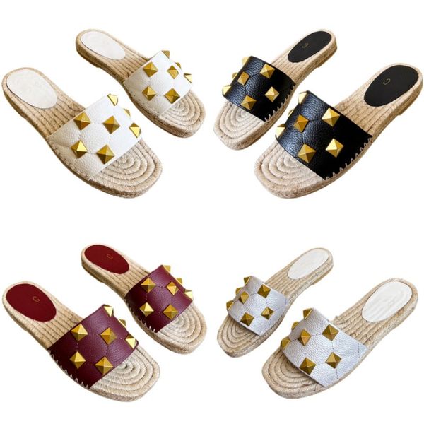 women's slippers straw sole beach shoes metal rivet designer shoes leather platform shoes flat heel casual shoes non slip slides summer, Black
women's slippers straw sole beach shoes metal rivet designer shoes leather platform shoes flat heel casual shoes non slip slides summer, Black