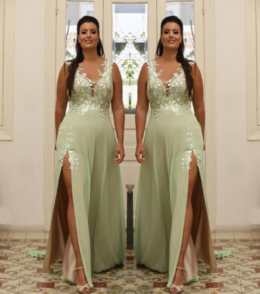 light green plus size appliqued prom dresses sheer v neck evening gown a line split side chiffon floor length formal dress s9311959, Black
light green plus size appliqued prom dresses sheer v neck evening gown a line split side chiffon floor length formal dress s9311959, Black