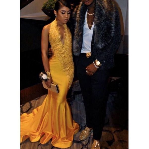 2023 prom dresses yellow halter lace appliques crystal beads backless mermaid evening party gowns special occasion wears, Black
2023 prom dresses yellow halter lace appliques crystal beads backless mermaid evening party gowns special occasion wears, Black