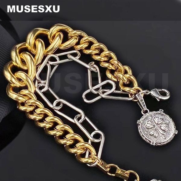 bangle 2022 new jewelry luxury brand gold round pendant double thick thin chains two metal color bracelets for party gifts, Black
bangle 2022 new jewelry luxury brand gold round pendant double thick thin chains two metal color bracelets for party gifts, Black