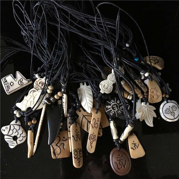 necklaces 20pcs tibetan yak bone carved amulet pendants with ajustable rope chain neckalce for man from tibet, Silver