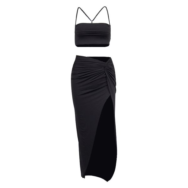 two piece dress summer women's pleated exposed navel strap high slit long skirt two-piece set, White
two piece dress summer women's pleated exposed navel strap high slit long skirt two-piece set, White