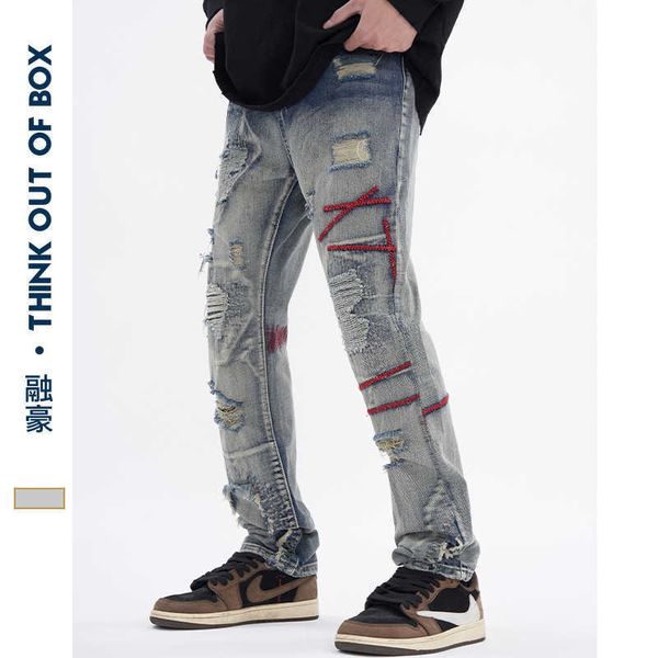 new worn jeans men's patch youth trend slim fit small feet thickened straight pants, Blue
new worn jeans men's patch youth trend slim fit small feet thickened straight pants, Blue
